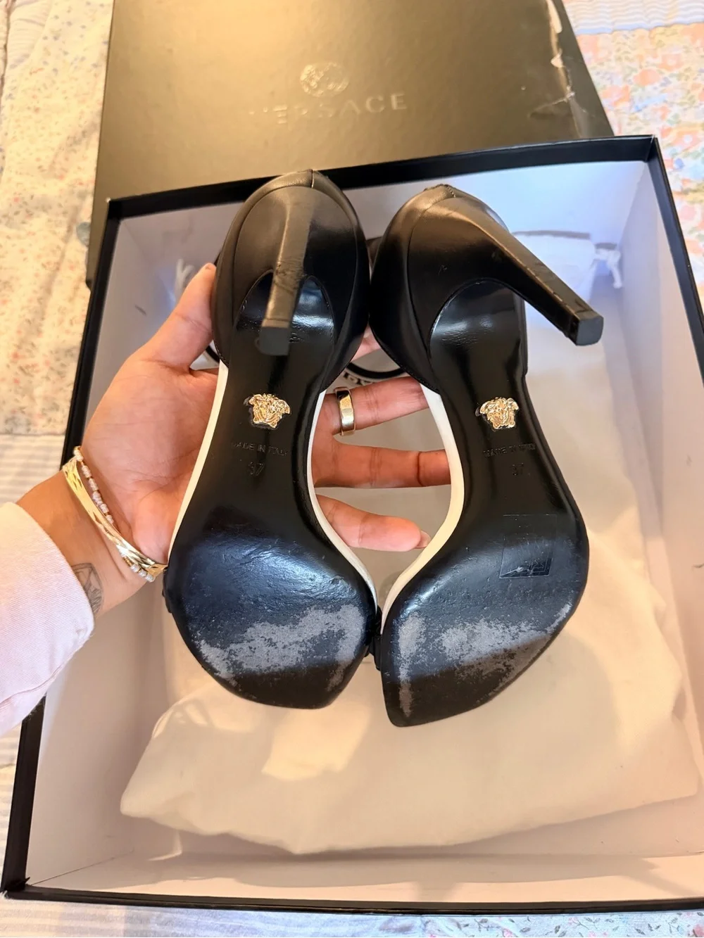 Versace Black and White Logo Ankle-Strap Heels
